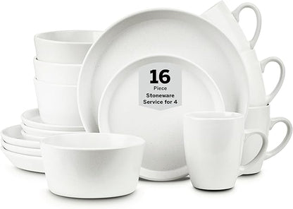 Stone Lain Albie Stoneware 16 Piece Dinnerware Set, Plates and Bowls Sets, Dish Set for 4, White Speckled, Microwave & Dishwasher Safe