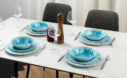 12 PCS Melamine Dishes Dinnerware set, Coastal Plate and Bowls Set