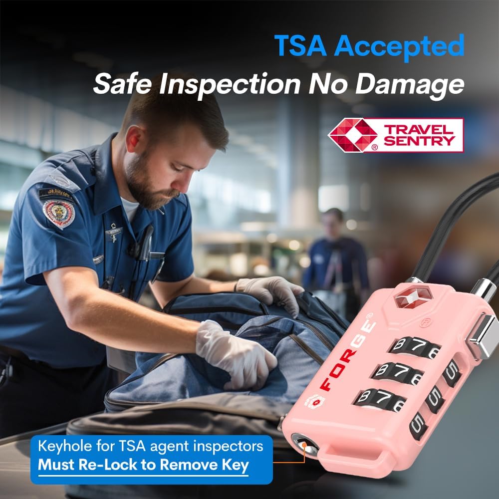 Forge TSA Approved Cable Luggage Locks, 2 Pink Locks, Re-settable Combination with Alloy Body