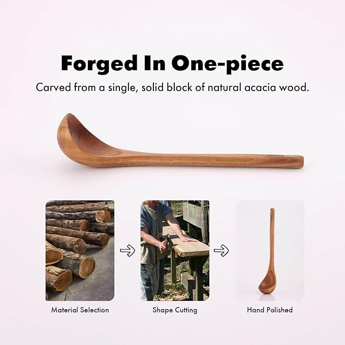 Acacia Wood Utensils Set - 6 Piece Handmade Wooden Spoons for Cooking, Natural Acacia Wood Kitchen Utensils for Non-stick Cookware, Turner, Serving Spoon, Slotted Spoon, Soup Ladle, Spaghetti