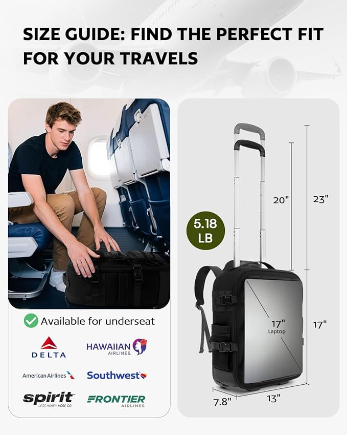 Rolling Tactical Laptop Backpack, Underseat Travel Backpack with Wheels, 17 Inch Wheeled Military Computer Backpack for Men and Women, Roller Overnight Molle Outdoor Hiking College Carry on Luggage
