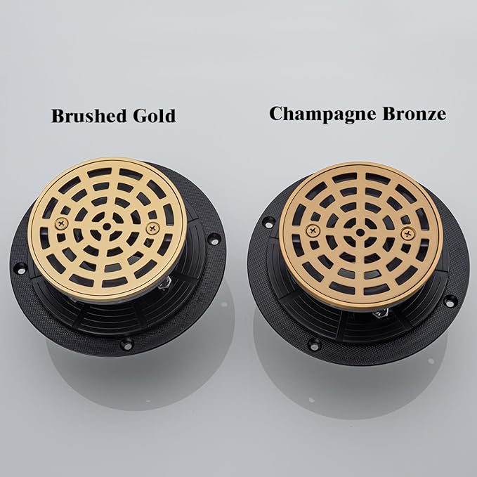 RANDOM Round Shower Drain SUS304 Stainless Steel Champagne Bronze Shower Drain 4 inch with Adjustable PVC Base Flange,Shower Floor Drain with Removable Cover Grid Grate