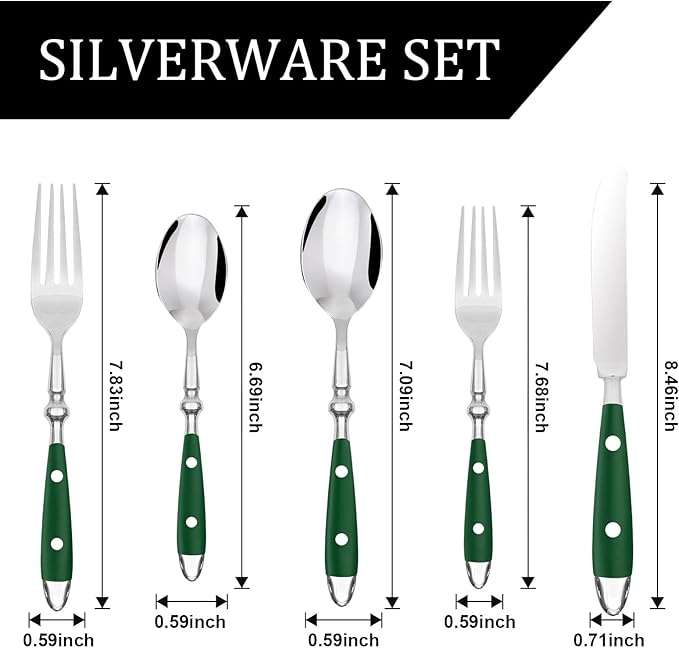 20-Piece Silverware Set, 304 Riveted Stainless Steel Flatware Set, Service for 1, Vintage Cutlery Set with Green Bakelite Handle, Mirror Polished | Rustic | Dishwasher Safee