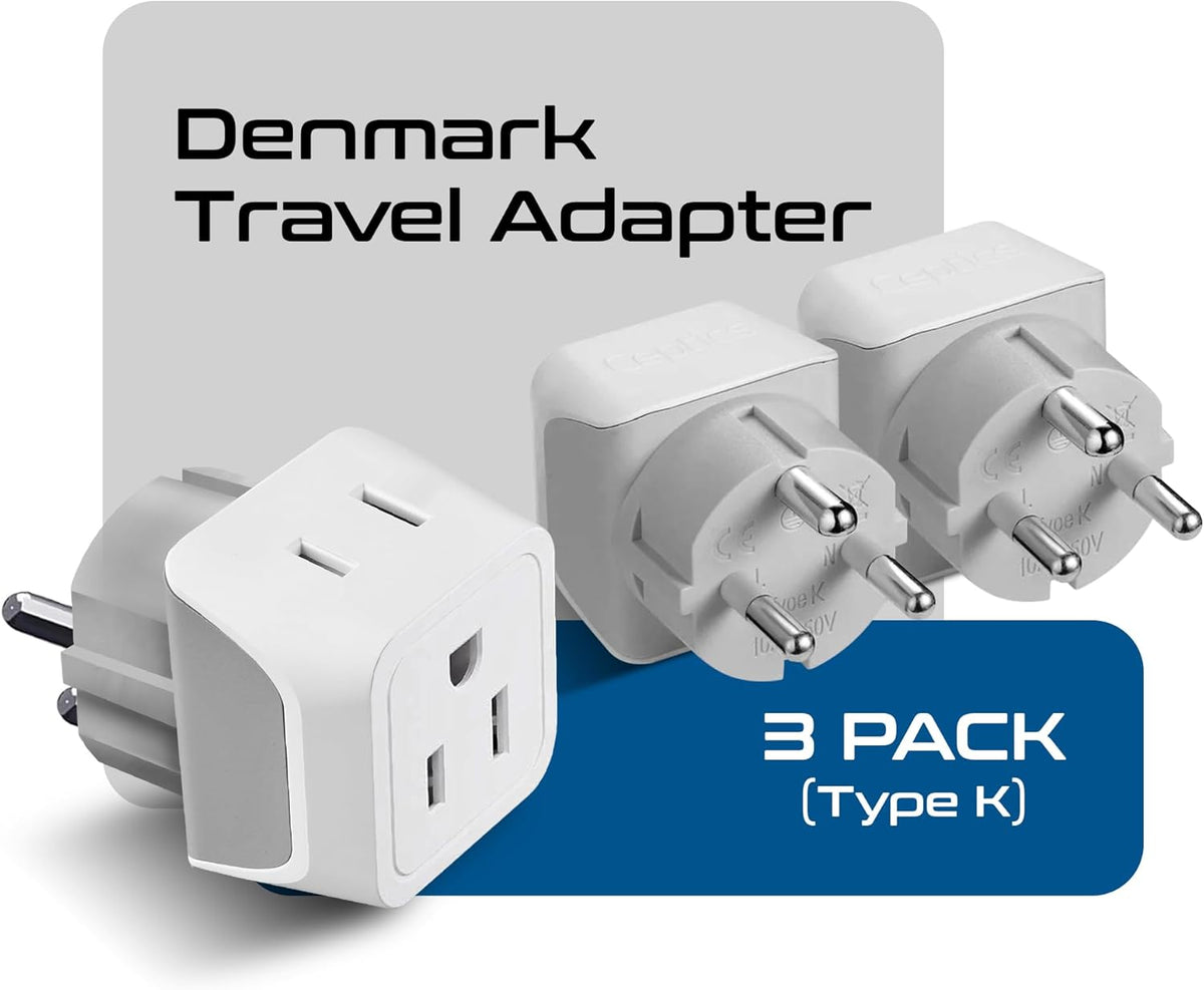 Ceptics Denmark Travel Adapter Plug with Dual Usa Input - Power - Type K (3 Pack) - Ultra Compact - Safe Grounded Perfect for Cell Phones, Laptops, Camera Chargers and More (CT-20)
