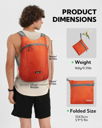 WATERFLY Foldable Lightweight Hiking Backpack: 15L Packable Traveling Daypack Men Women Ultralight Thin Casual Day Pack Bag for Outdoor Sports Camping Beach Park (Orange)