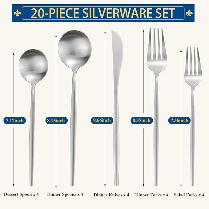 Silverware Set for 4, 20 Piece Flatware Set, Cutlery Tableware set Include Spoons And Forks Set, Stainless Steel Utensil Set, Matte polished Finish, Dishwasher Safe