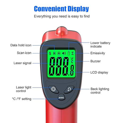 Digital Infrared Thermometer Gun -58℉ to 1022℉ (-50℃ to 550℃), Adjustable Emissivity, Laser Temperature Gun for Cooking, BBQ, Oven, Engine, and Industrial Use (Not for Human Body)