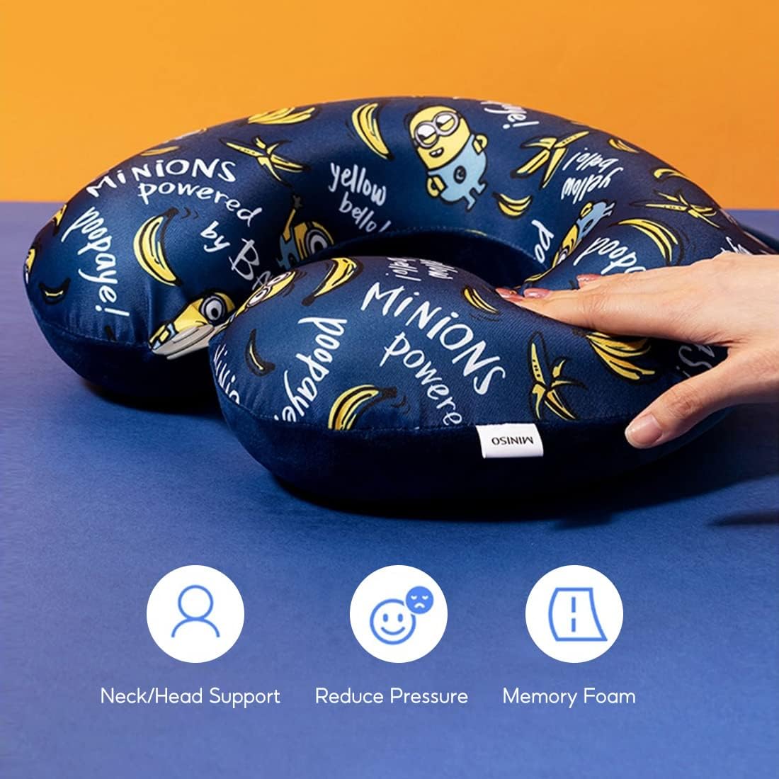 MINISO Minions Travel Neck Pillow with Eye Mask, Cute Cartoon 100% Memory Foam Neck Support Pillow, Lightweight Travelling Pillow Set for Airplane, Car and Home Use