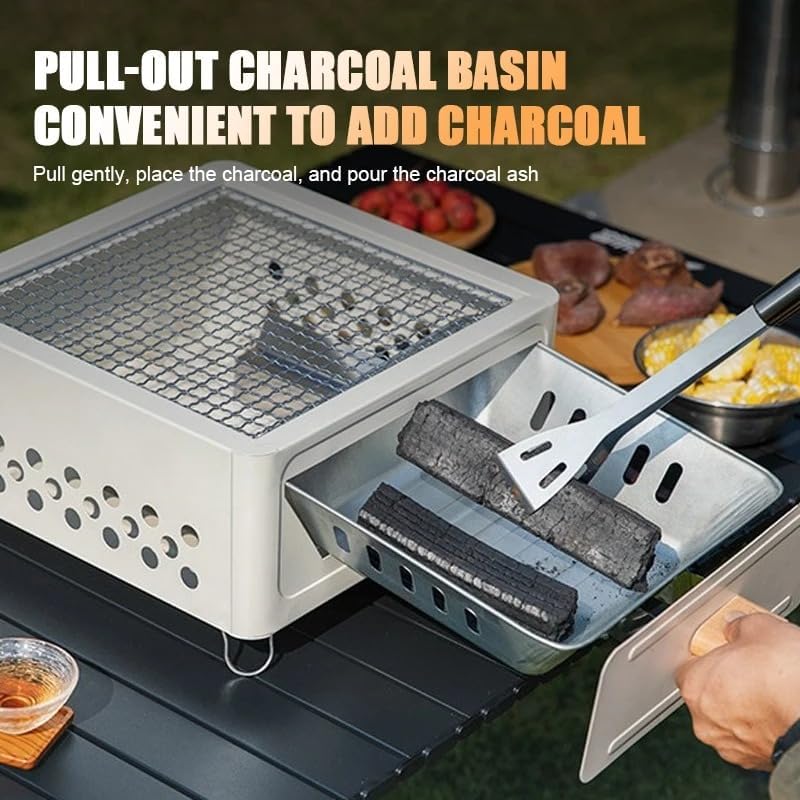 Portable Charcoal BBQ Grill Stove – Smokeless Outdoor Cooking for Camping & Tailgating, Yakitori Grill, Skewers, Easy Drawer Style, Pan and Grill Included Black (Black)