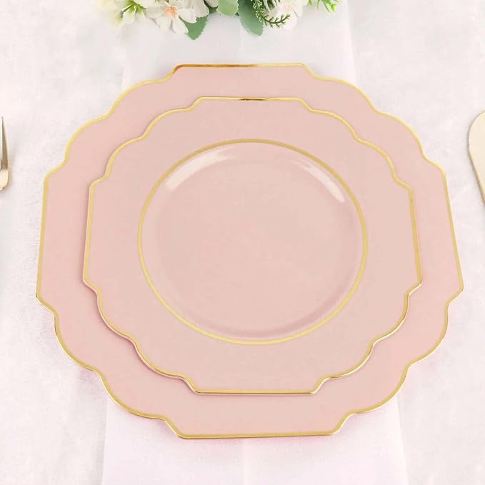 Blush Hard Plastic Dessert Plates, 50 Pack 8" Disposable Round Baroque Plates