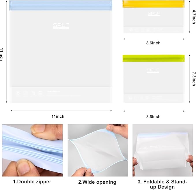 SPLF 10 Pack Stand-Up Reusable Snack Bags Dishwasher Safe, BPA Free Food Storage Bags, Extra Thick Leakproof Freezer Bags Silicone Snack Pouch For Candy, Fruits, Cereal, Home Organization