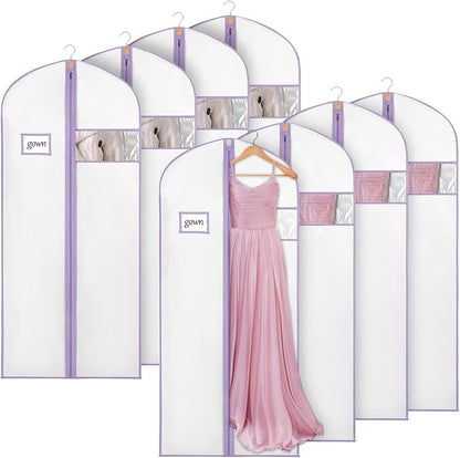 Syeeiex 60'' Garment Bags for Hanging Clothes, Set of 8 Dress Bags for Gowns, Dress Garment Bags for Gowns, Evening Dresses, Fur Coat, Long Dress(White & Purple)