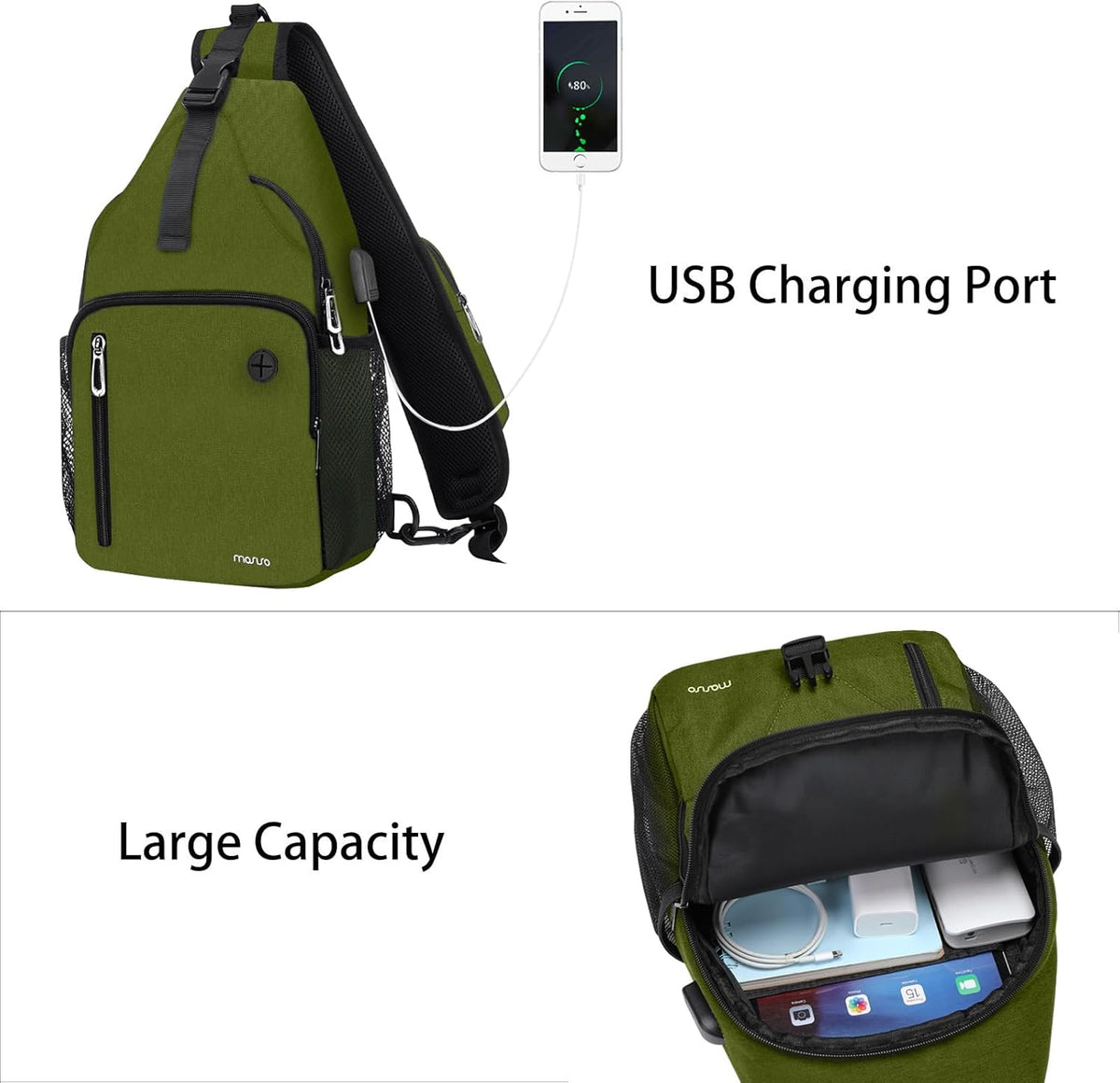 MOSISO Sling Backpack Bag, Crossbody Shoulder Bag Travel Hiking Daypack Chest Bag with Front Square Pocket&USB Charging Port