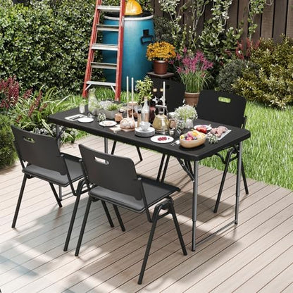 SKONYON 4 Foot Folding Table Heavy Duty Portable Fold-in-Half Plastic Utility Table Small Indoor Outdoor Adjustable Height Card Table with Carrying Handle, Camping and Party, Black