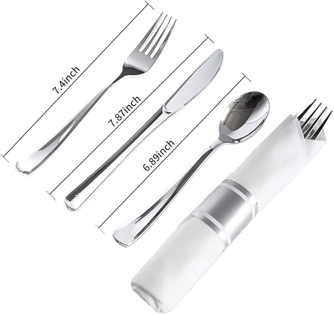 N9R 50 Pack Pre Rolled Silver Plastic Cutlery Set, 50 Forks, 50 Knives, 50 Spoons, 50 Napkins, Disposable Cutlery Set for Party and Wedding