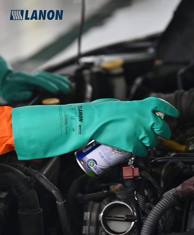 LANON 3 Pairs Nitrile Chemical Resistant Gloves, Reusable Heavy-Duty Rubber Gloves, Acid, Alkali & Oil Protection, Non-Slip, XL
