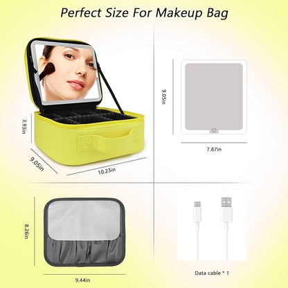 Travel Makeup Bag with LED Mirror Travel Makeup Organizer with 3 Lighted Settings, Adjustable Dividers and Makeup Brush Storage Bag Yellow