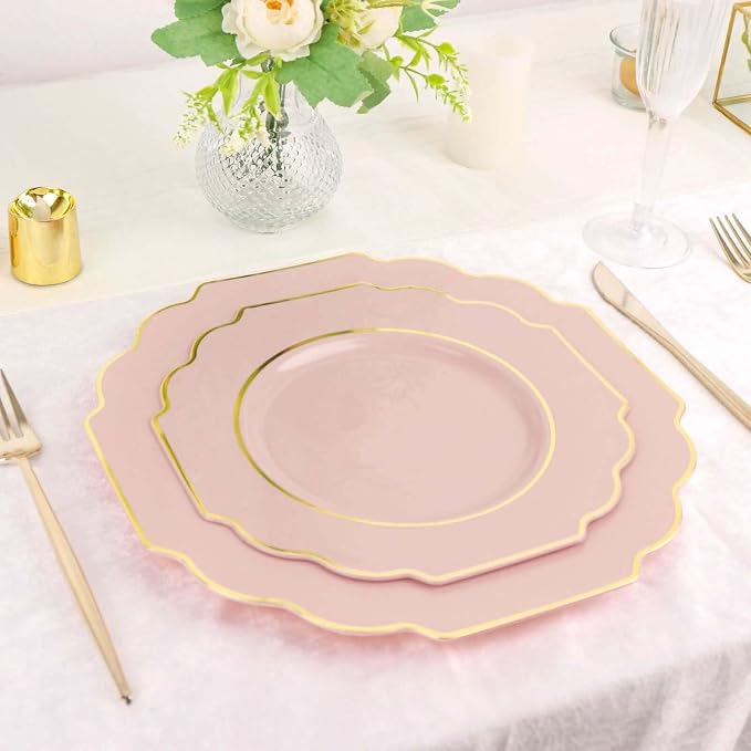 Blush Hard Plastic Dessert Plates, 50 Pack 8" Disposable Round Baroque Plates