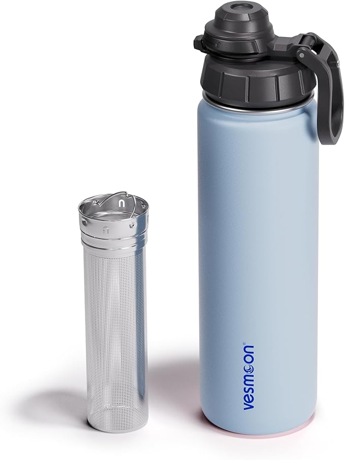Vesmoon Vessence 24 Oz Stainless Steel Tea Infuser Bottle for Loose Leaf Tea, Water, Herbs, Fruits - Triple Layered Insulated, Leak Proof Bottle with Lid and Clip Handle - 24 Hours Hot/Cold