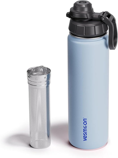 Vesmoon Vessence 24 Oz Stainless Steel Tea Infuser Bottle for Loose Leaf Tea, Water, Herbs, Fruits - Triple Layered Insulated, Leak Proof Bottle with Lid and Clip Handle - 24 Hours Hot/Cold