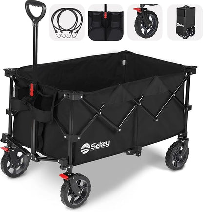 Sekey 220L Collapsible Foldable Wagon with 330lbs Weight Capacity, Heavy Duty Folding Wagon Cart with Big All-Terrain Wheels & Drink Holders (Black)