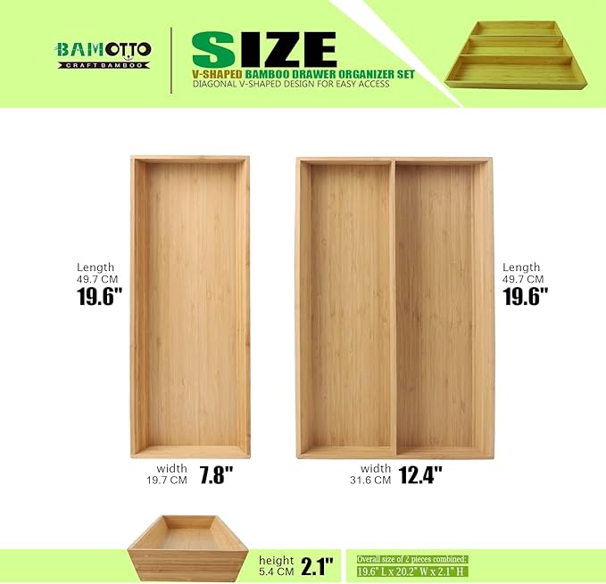 2-Piece V-Shaped Bamboo Drawer Organizer - Ideal for Kitchen's Large Long Tableware, Cooking Utensils, Flatware, Silverware - Wood Storage Box for Home, Bedroom, Bathroom (19.6"x12.4" & 19.6"x7.8")
