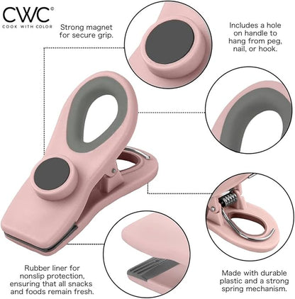 COOK WITH COLOR Bag Clips - Heavy Duty Chip Clip and Refrigerator Magnet Clips for Food Storage with Air Tight Seal Grip, Pink and Grey, Pack of 8