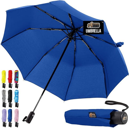 GORILLA GRIP Strong Stick Umbrella for Rain, Compact Travel One-Click Automatic Open Close, Lightweight, Portable, US Designed Reinforced Fiberglass Ribs, Wind Resistant, Easy Collapse, Navy
