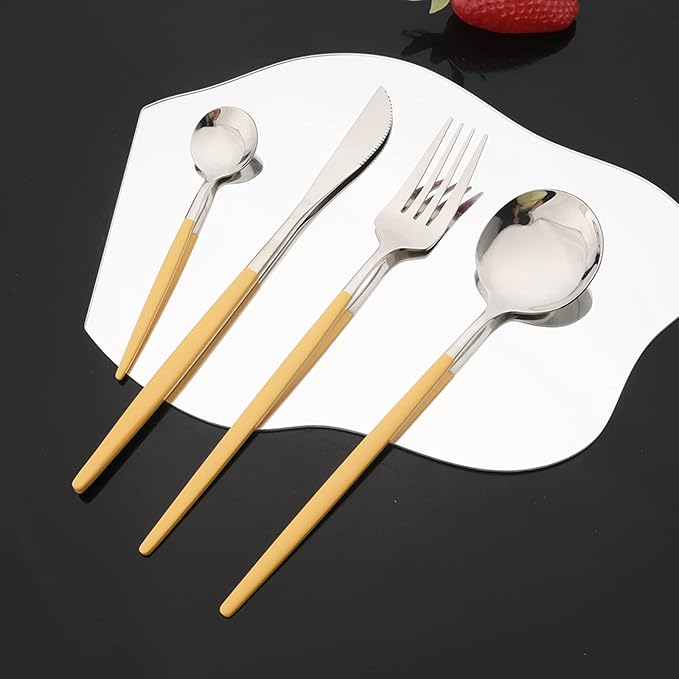JASHII Flatware Set 24 Piece, Stainless Steel Silverware Set, Macaron Small Fresh Color Cutlery Set, Modern Elegant Tableware Set for Party, Christmas, Dinner (Yellow Silver)