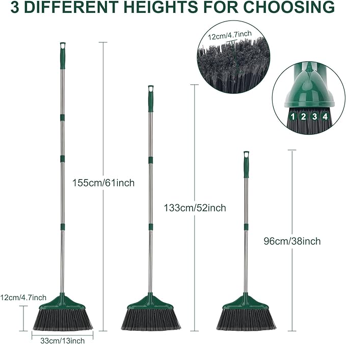 4 PCS Heavy Duty Broom Outdoor/Indoor Commercial Broom with 61" Long Handle,Perfect for Home Garage Kitchen Office Lobby Room Floor,Black and Green