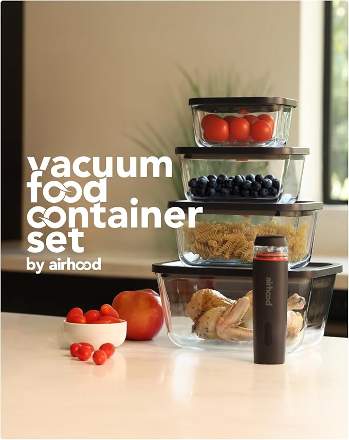 airhood Vacuum Food Storage Container Set | Powerful Electric Vacuum Pump + 4 Borosilicate Glass Containers | Keeps Food Fresh 5X Longer | Microwave, Freezer & Oven Safe | BPA-Free & Stackable