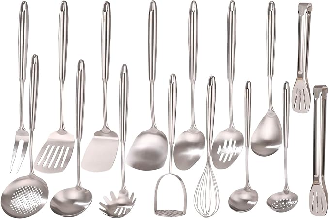 18/10 Stainless Steel Cooking Utensils Set - 16 PCS All Metal Serving Utensils, Kitchen Tools - Whisk, Masher, Fork, Tongs, Solid/Slotted Spoon, Spatula, Turner, Ladle, Skimmer, Pasta, Large Spoon Set