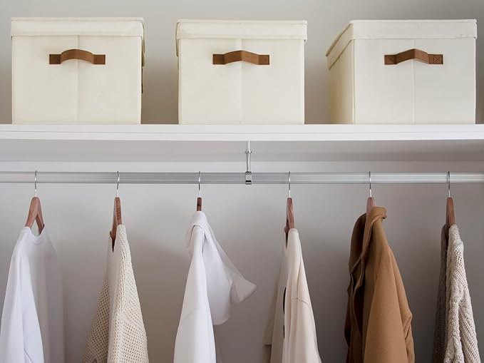 StorageWorks Storage Bins with Lids, Decorative Storage Boxes with Lid and PU Handles, Foldable Storage Baskets for Closet, Shelves, Stackable, Ivory, Jumbo, 3-Pack