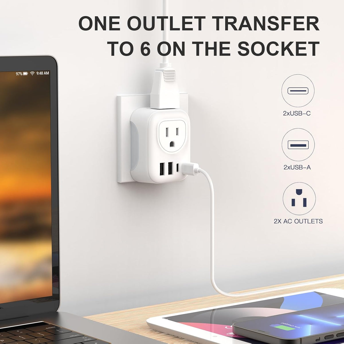 European Travel Plug Adapter, International Plug Adapter with 2 AC Outlets 4 USB Ports(2 USB C), Type C Europe Power Plug Charger for US to Europe EU France Spain Germany Iceland Italy