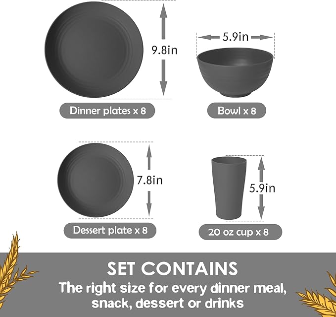 Teivio 32-Piece Kitchen Plastic Wheat Straw Dinnerware Set, Service for 8, Dinner Plates, Dessert Plate, Cereal Bowls, Cups, Unbreakable Colorful Plastic Outdoor Camping Dishes, Gray Matte