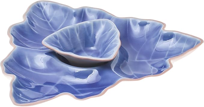 NOVICA Artisan Handmade Ceramic Appetizer Dishes Blue Leaf from Thailand Pair