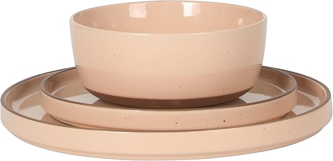 Gibson Elite Northrock Stoneware Dinnerware Set, 16-Piece Service for 4 Plates and Bowls Set – Pink Dishes with Hand-Painted Terracotta Base