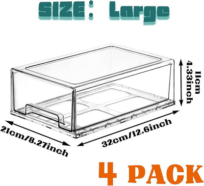 PeJeyiee 4 Pack Clear Stackable Refrigerator Organizers and Storage Drawers - Pull-Out Fridge Bins with Anti-Slip Base & Easy Clean, Plastic Organizers for Kitchen Pantry Cabinet Closet (Large)