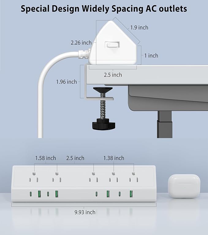 45W Fast Charging Station,Desk Clamp Power Strip,4 PD USB-C Ports,5 AC Outlets,Surge Protector Power Strip, 14AWG Heavy Duty Cord, Fits 1.9" Tabletop Edge (White, 10 FT Cable)