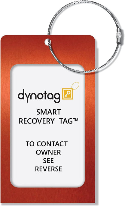Dynotag® Web Enabled Smart Aluminum Convertible Luggage ID Tag + Braided Steel Loop, with DynoIQ™ & Lifetime Recovery Service (Electric Orange)