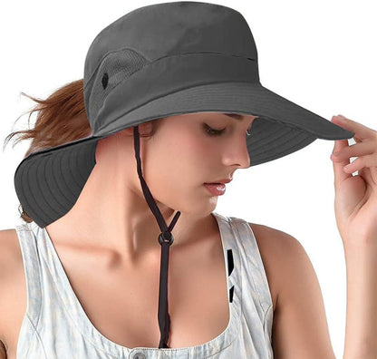 Rosoz Ponytail Sun Bucket Hats for Women UV Protection Foldable Mesh Wide Brim Hiking Beach Fishing Summer Safari