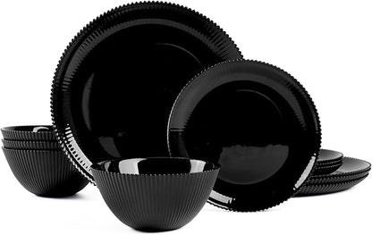 Dinnerware Sets for 4, 12 Pieces Opal Glass Plates and Bowls Set, Dishwasher and Microwave Safe Ribbed Dish Dinning Ware, Chip and Scratch Resistant Dishware, Black