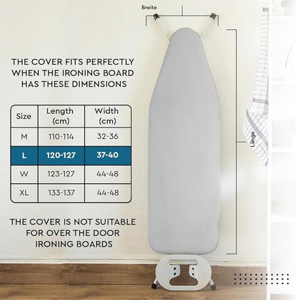 Encasa XO Ironing Board Cover and Pad 54"x15" - Thick 2mm Foam Padding, Drawstring Tightening & Lock, Heat Reflective, Scorch & Stain Resistant, Standard Large Ironing Board - Silver Premium