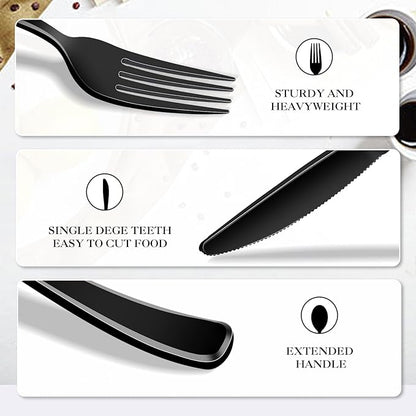 300 Pack Black Disposable Plastic Silverware Heavy Duty,Black Cutlery Set, Plastic Forks and Spoons Knives Utensils Set for Birthday Party Prom Night,Weddings,Halloween