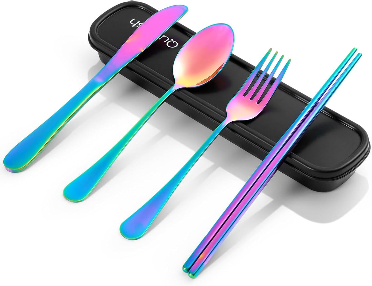 Travel Utensils with Case, Quatish Portable Silverware Set for Work, Stainless Steel Reusable Travel Cutlery Set, Fork and Spoon Set for Picnic, Camping, Gadgets, Lunch Box for Men, Rainbow