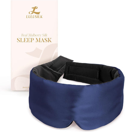 LULUSILK Reversible Mulberry Silk Sleep Mask for Women and Men, Adjustable Real Silk Eye Mask for Sleeping, Navy Blue and Black, Pack of 1