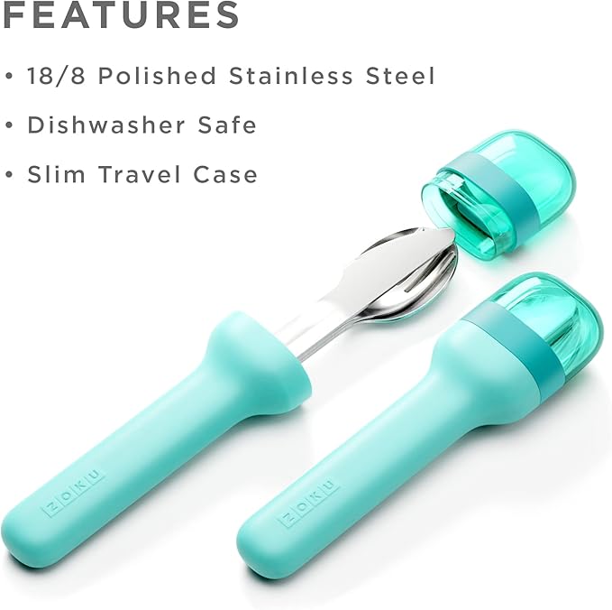 ZOKU Pocket Utensil Set, Teal - Stainless Steel Fork, Knife, and Spoon Nest in Case - Portable Design for Travel, School, Work, Picnics, Camping and Outdoor Home Use