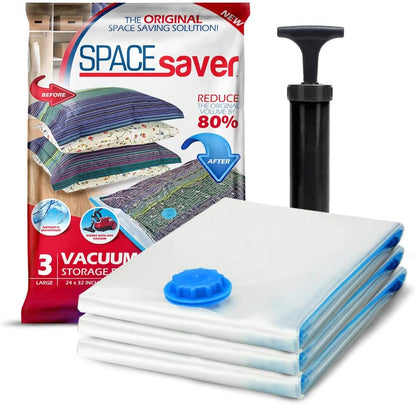 3 Pack Large Vacuum Storage Bags for Comforters, Blankets & Clothes – Vacuum Sealed Compression Bags with Hand Pump – Space Saver Storage Bags for Bedding, Moving, Travel & Organization