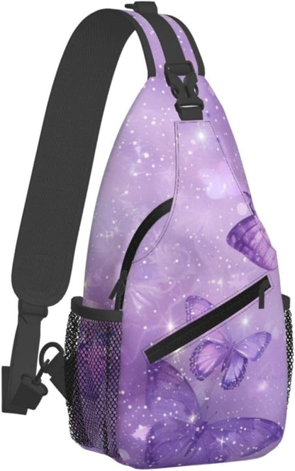 SUPLUCHOM Sling Bag Butterfly Purple Pastel Hiking Daypack Crossbody Shoulder Backpack Travel Chest Pack for Men Women