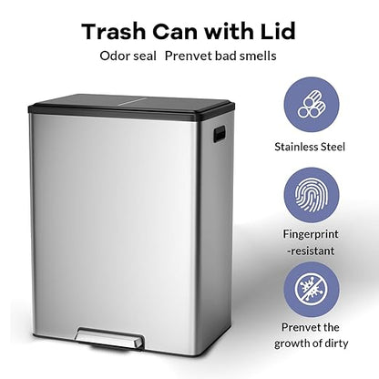 GarveeHome Step Dual Trash Can, 60L/16 Gallon Recycle Bins with Lid, 2 Removable Wastebusket, Step Pedal, Large Stainless Steel Double Trash Bin for Kitchen, Bathroom